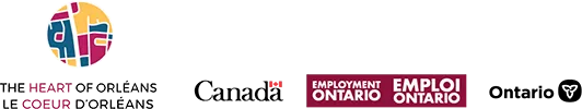The Heart of Orleans logo and Canada, Employment Ontario, Ontario wordmark.
